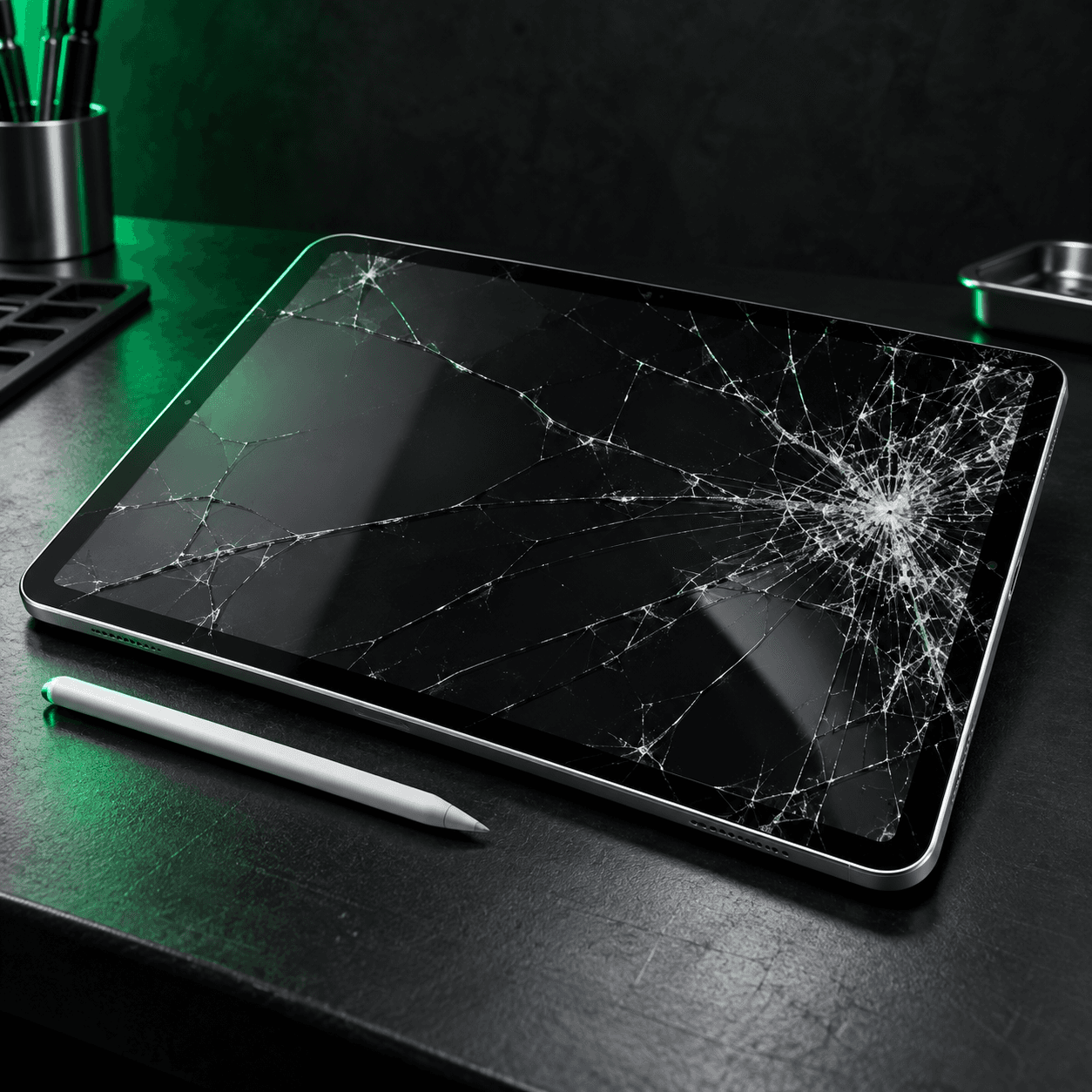 Tablet with a cracked screen and stylus on a workbench