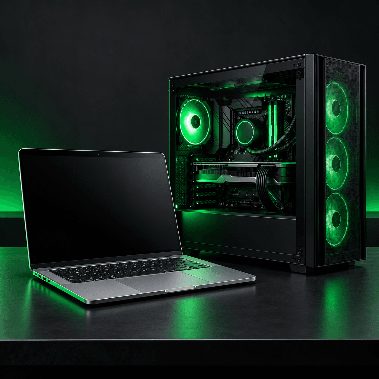 Laptop beside a gaming PC with green lighting