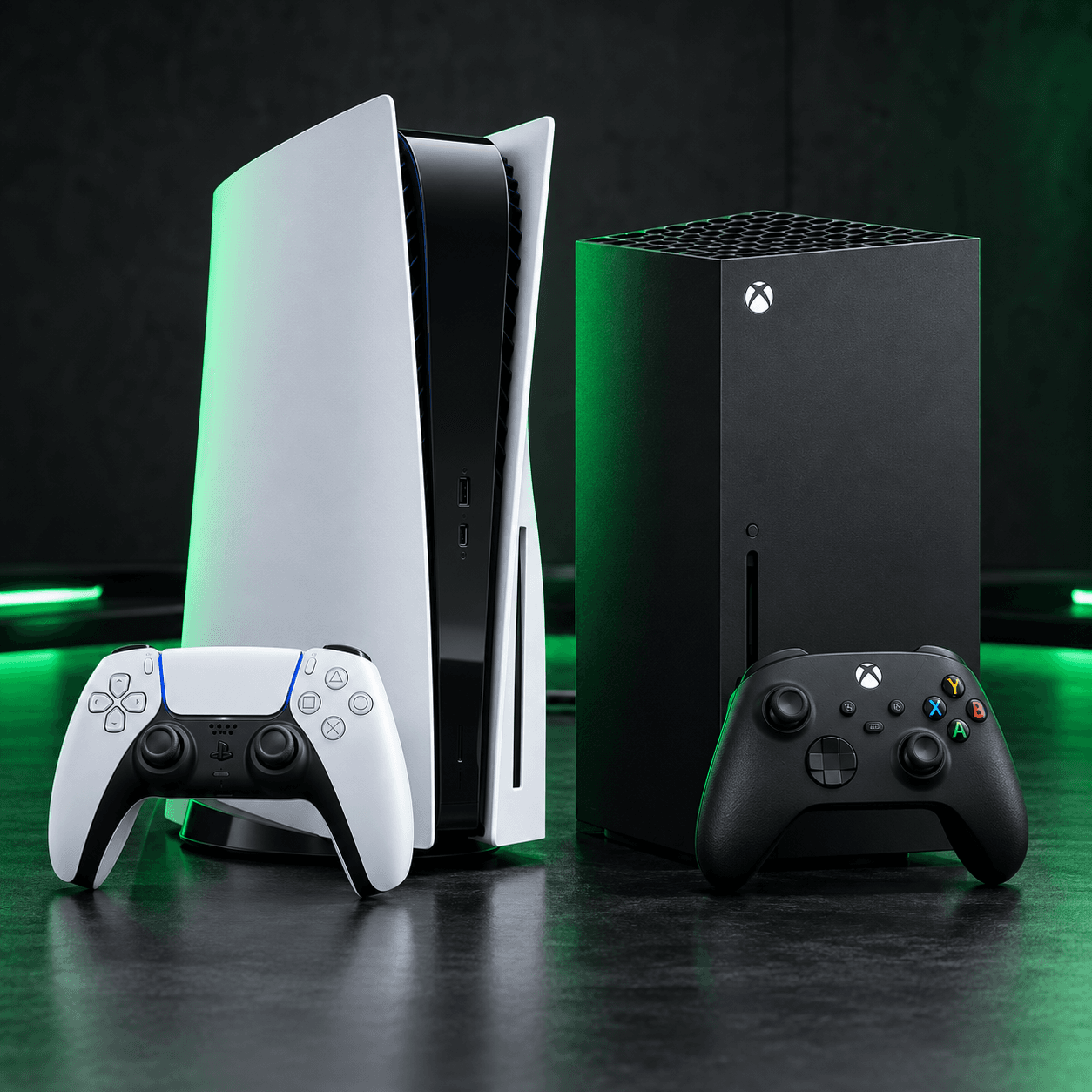 PlayStation 5 and Xbox Series X consoles with controllers