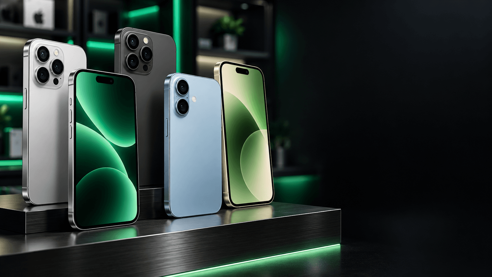 Five iPhones in various colors displayed on a metallic platform with green neon lighting.